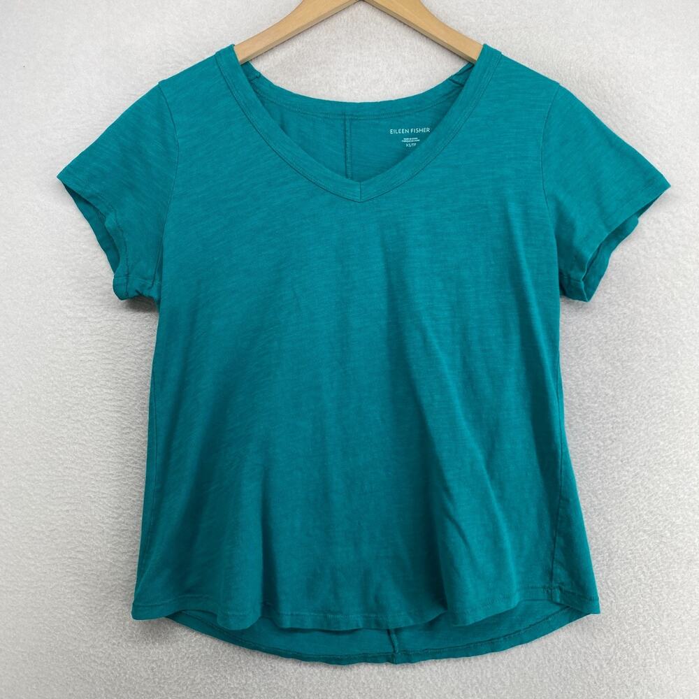 EILEEN FISHER Top XS Slub Organic Cotton Jersey V-Neck Short Sleeve Teal Blue